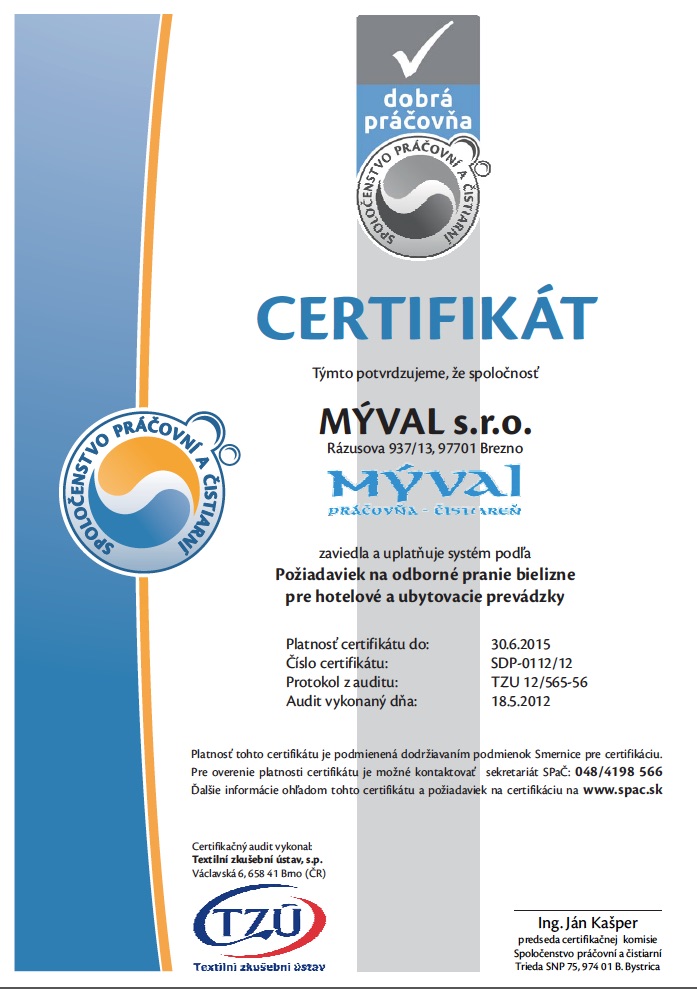 Certifikát kvality MÝVAL s.r.o. – profesionálne práčovňové služby